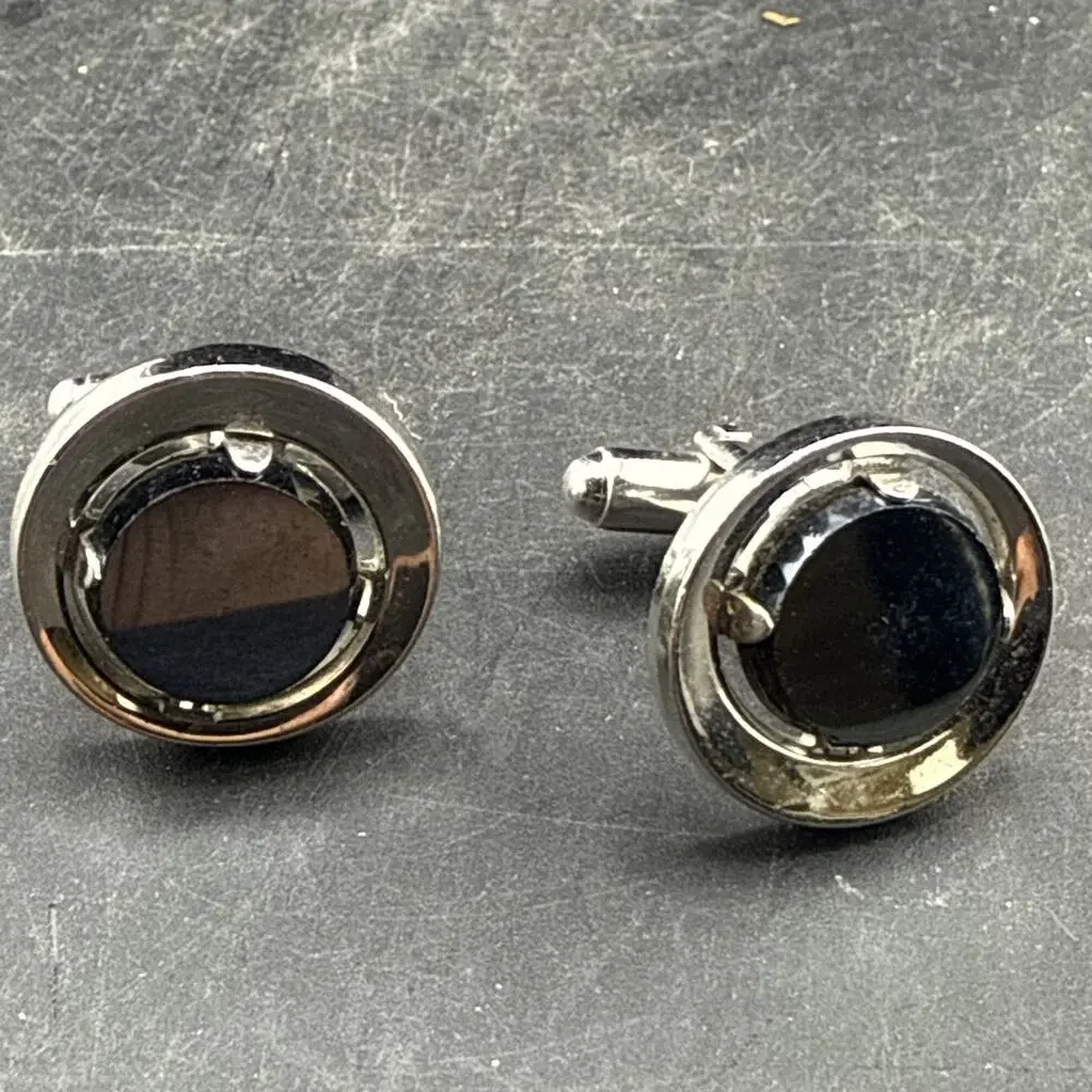 Vintage Silver Tone Black Onyx Look Round Cufflinks Mens Formal Jewelry Pair